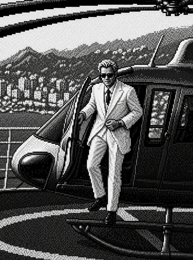 Black and white private helicopter arrival artwork