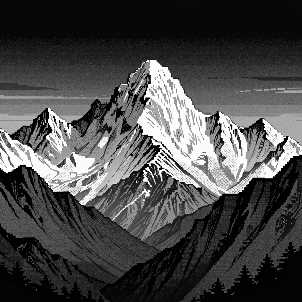 Black and white pixel-art mountain range artwork